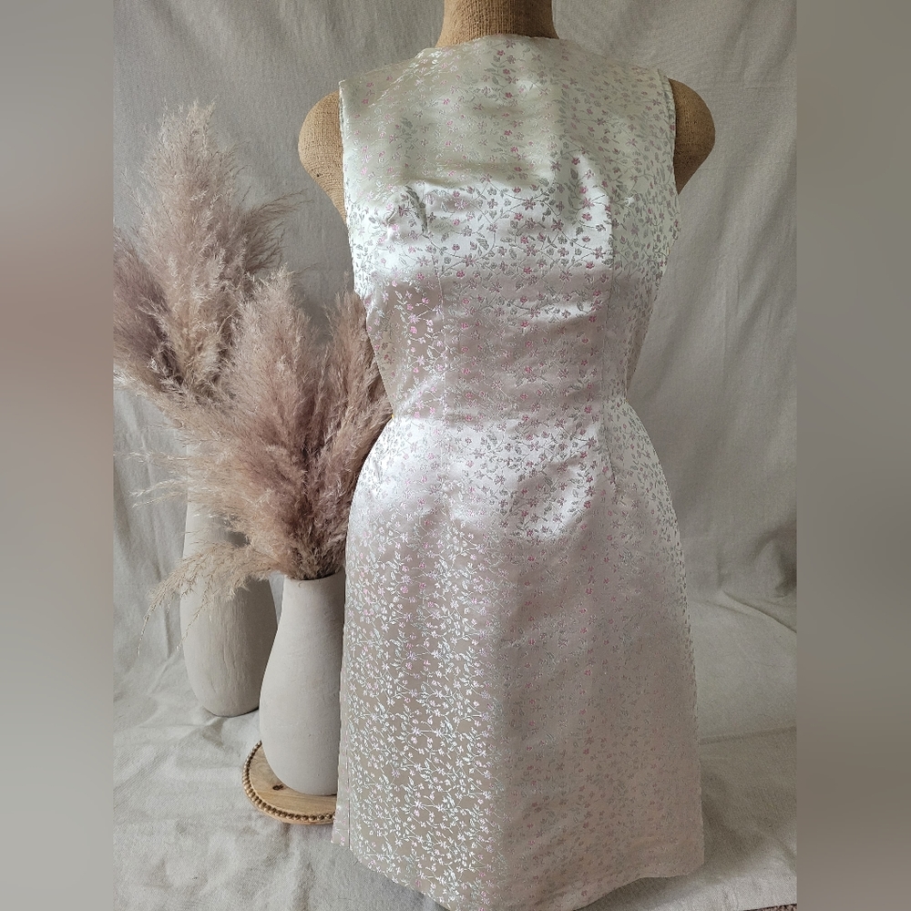 VINTAGE Silk Floral Print Mini Dress in Champagne & Pink